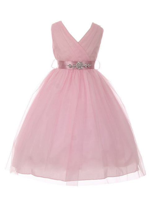Little Girls Pink Rose Rhinestone Satin Sash V-Neck Tulle Flower Girl Dress 2-6 - SophiasStyle.com
